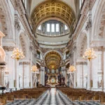 The nave of St Paul's Cathedral in London looking east toward the dome