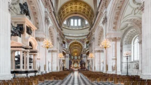 The nave of St Paul's Cathedral in London looking east toward the dome