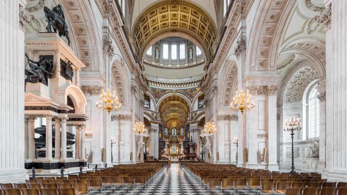 The nave of St Paul's Cathedral in London looking east toward the dome